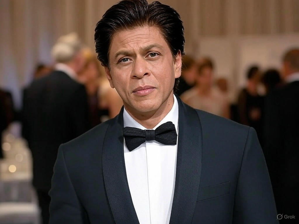 Shah Rukh Khan at the Met Gala 2025, wearing a black Sabyasachi suit with a deep neckline, accessorized with multiple layered necklaces and sunglasses. He has a red "MO" logo on his head, and the background features white flowers and a blue patterned backdrop.